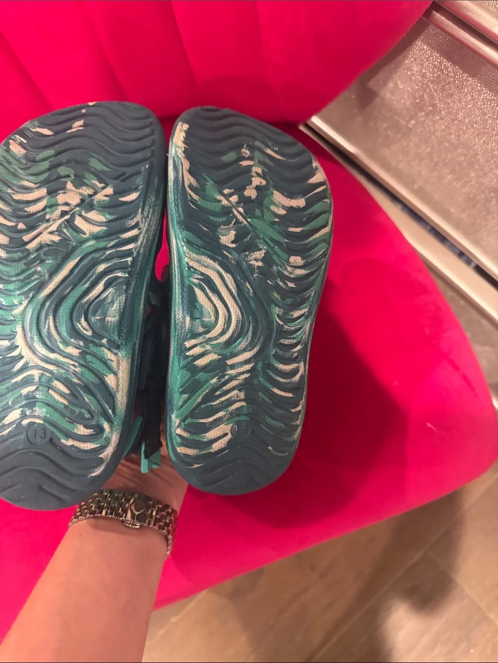Never worn Teal & White Patterned Sandals rugged shark